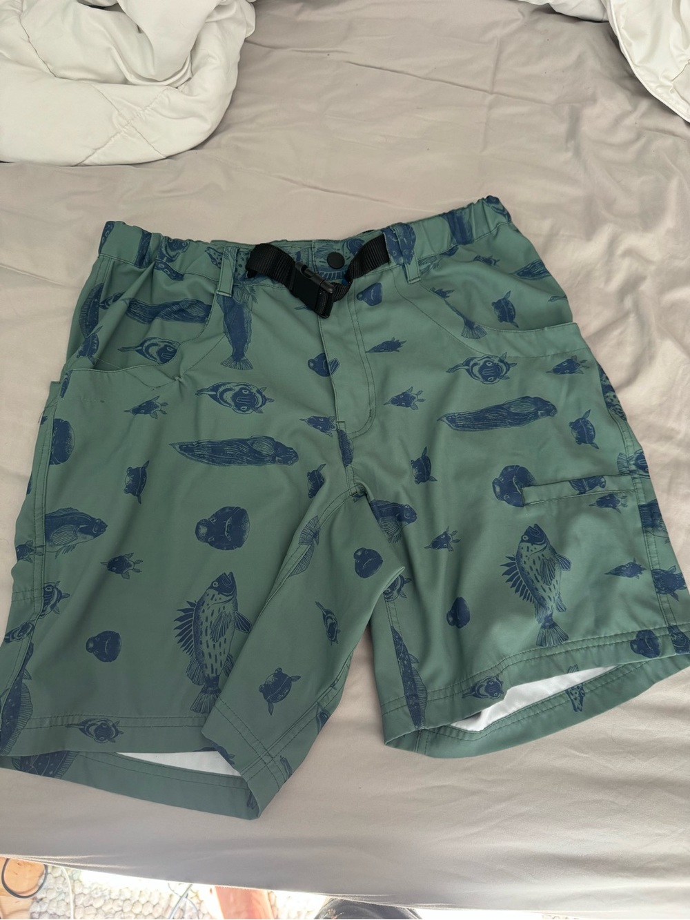 Kavu Green and Navy Fish-Print Swim Shorts